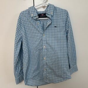 Vineyard Vines Boys’Blue and White Checkered Performance Whale Button-Down Shirt